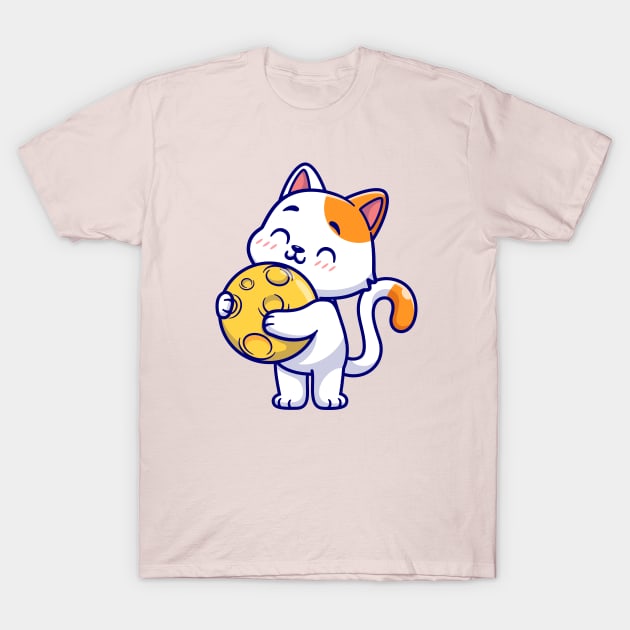 Cute Cat Holding Moon Cartoon T-Shirt by Catalyst Labs